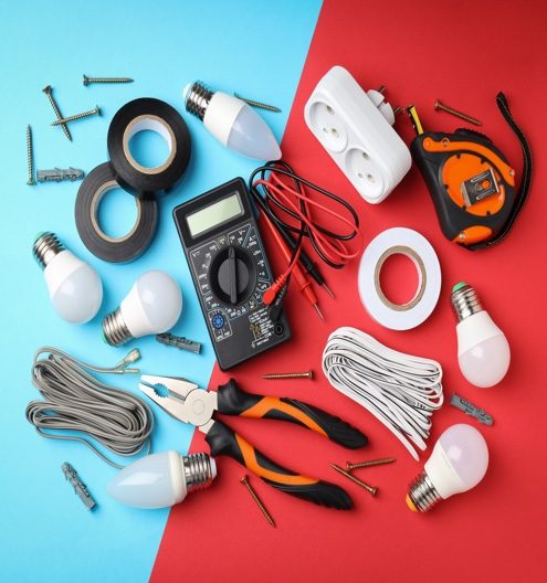 Concept of electrician or electrical tools, top view Concept of electrician or electrical tools, top view